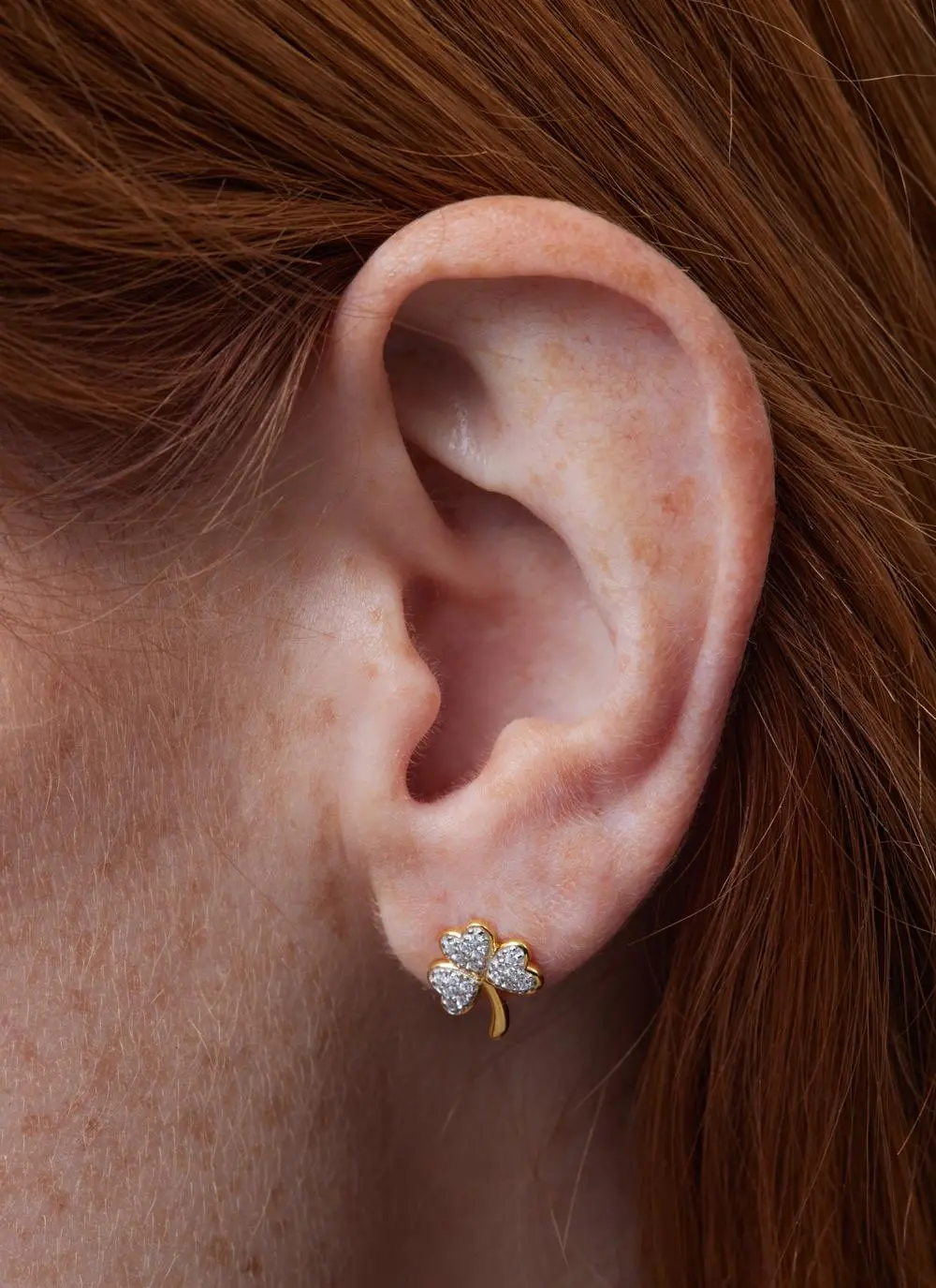 Close up shot of 14Ct Gold Vermeil Shamrock Earrings with Cubic Zirconia